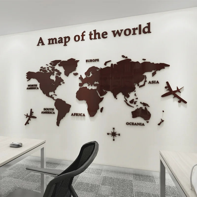 Map Of The World 3d Wall Mural Crystal Mirrored Acrylic World Map Wall Decal Sticker For Office Living Room Kid's Room Creative DIY Home Decor | Bowlift