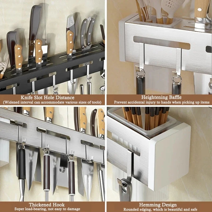 BowLift | Kitchen form wall knife holder made of stainless steel | Nail-free & space-saving | With hooks for kitchen utensils | Rust-free & modern