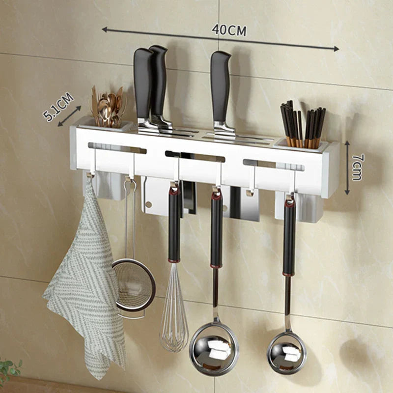BowLift | Organize Your Kitchen: Stainless Steel Wall-Mounted Knife Holder Shelf - Nail-Free Storage Shelf with Hooks for Cutlery - Cabinet Organizer for a Tidy Kitchen