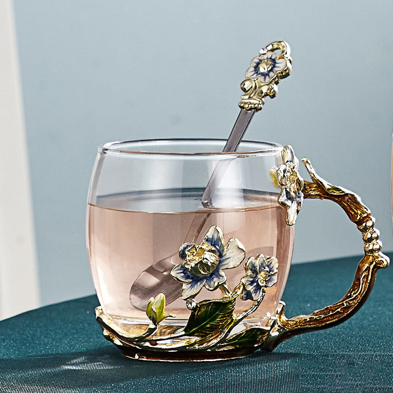 BowLift | Handcrafted enamel flower glass mug for couples love gift can serve coffee, flavored tea or even lemon juice in