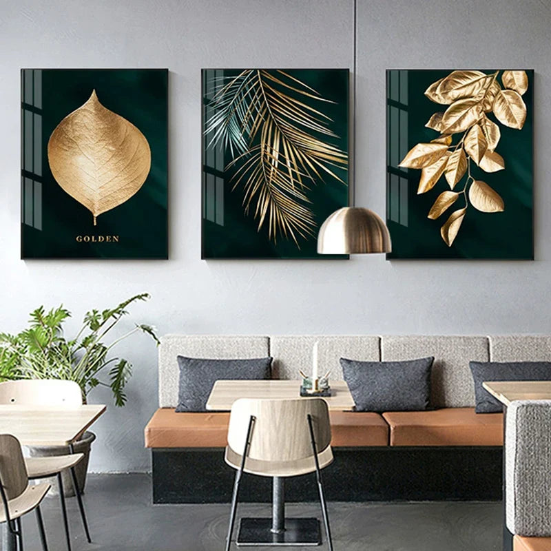 Set of 3Pcs Golden Leaf Wall Art Minimalist Nordic Tropical Plants Fine Art Canvas Prints Pictures For Living Room Dining Room Art Decor | Bowlift