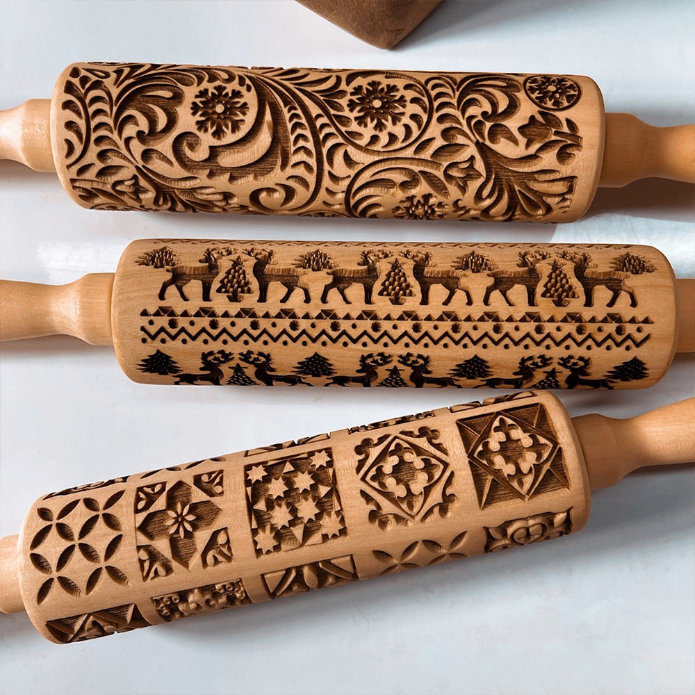 BowLift | Embossed Wooden Rolling Pin | Holiday Cookie Engraver | Handcrafted Beech Wood | JollyRoller