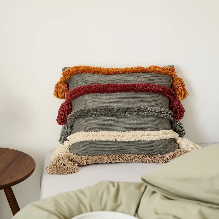 BowLift | Bohemian Velour Cushion Cover - Woven Cushion Cover with Colorful Stripes and Fringes