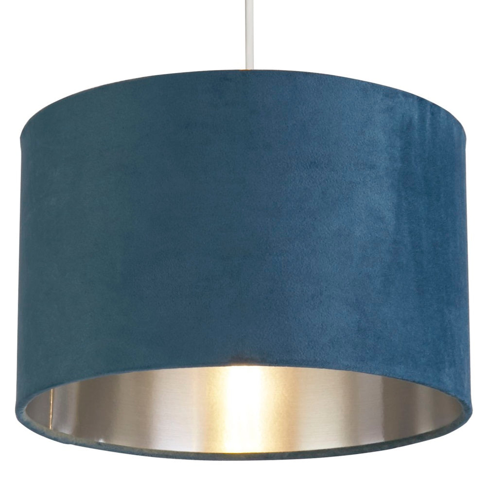 BowLift | Teal Blue Velvet Vintage Easy Fit Drum Shade with Silver Interior 28cm