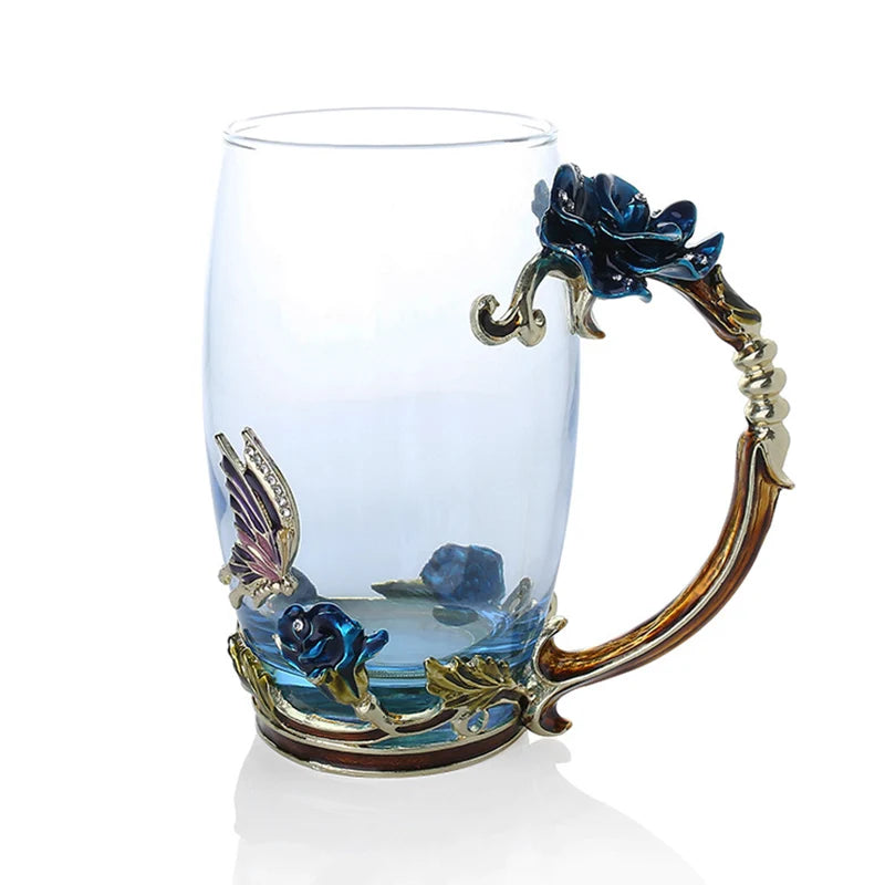 BowLift | Handcrafted Enamel Coffee Mugs Rose-Glass Tea Cup with Steel Spoon Luxury Unique Gifts for Wedding Valentine's Day Birthday Gifts