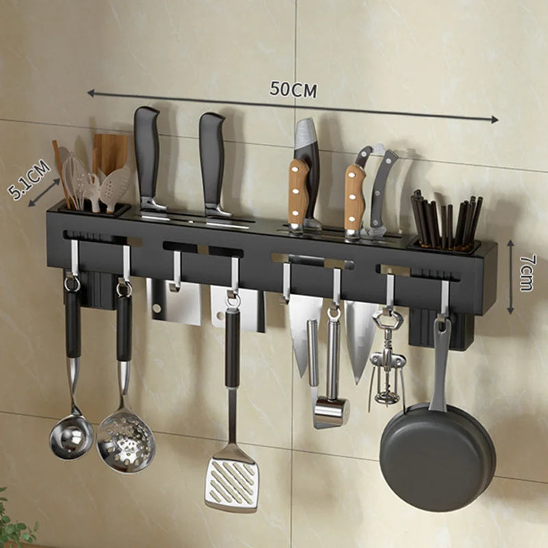 BowLift | Organize Your Kitchen: Stainless Steel Wall-Mounted Knife Holder Shelf - Nail-Free Storage Shelf with Hooks for Cutlery - Cabinet Organizer for a Tidy Kitchen