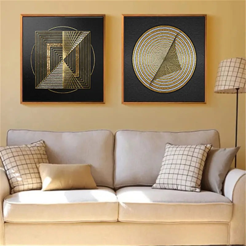 Black Golden Spherical Abstract Geometric Wall Art Fine Art Canvas Prints Modern Aesthetics Square Format Pictures For Living Room Home Office Decor | Bowlift