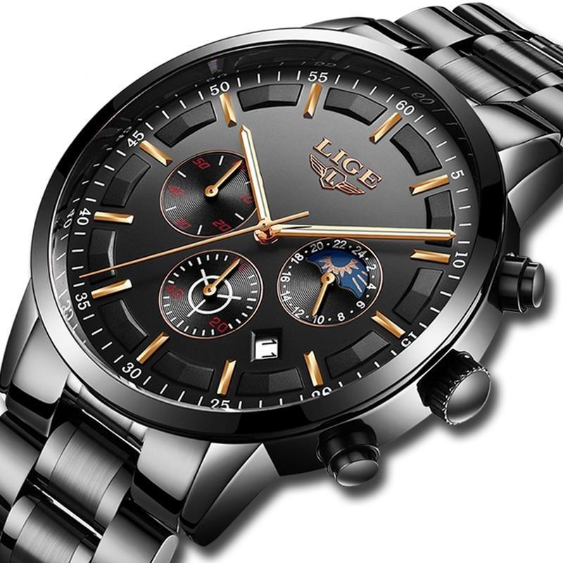BowLift | Military Black Steel Watch – Men's Stainless Steel Wristwatch with Day, Date & Night Display