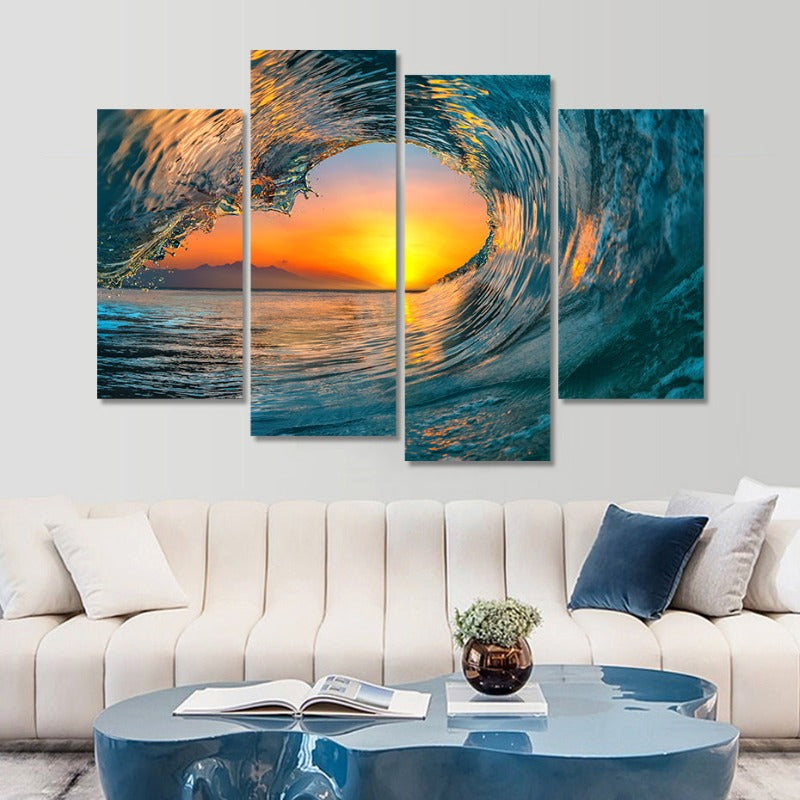 5 Piece Abstract Sunset Through Ocean Wave  - Canvas Wall Art Painting | Bowlift