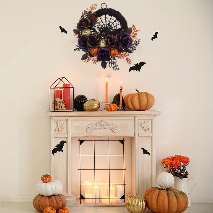 BowLift | Halloween Gothic Floral Wreath - Black Roses & Spiderweb Front Door Decor with Glitter Accents