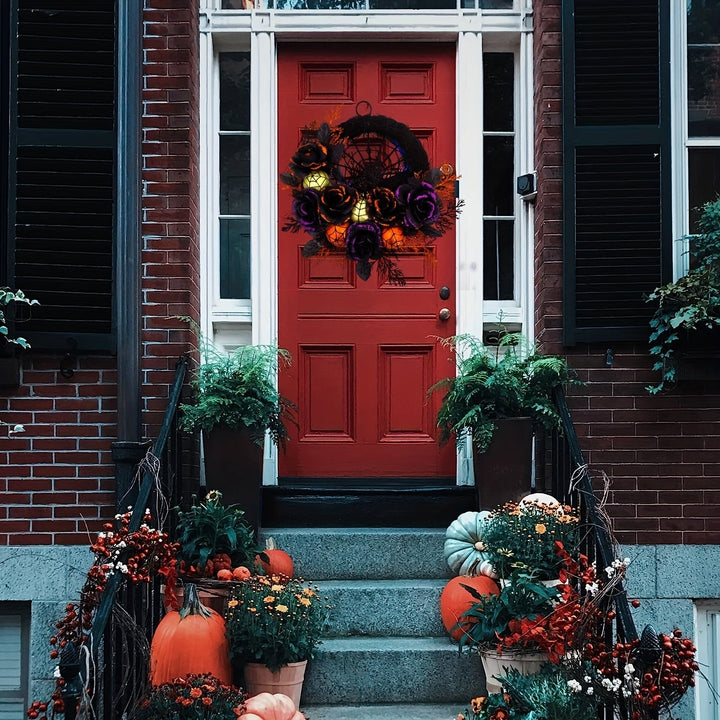 BowLift | Halloween Gothic Floral Wreath - Black Roses & Spiderweb Front Door Decor with Glitter Accents