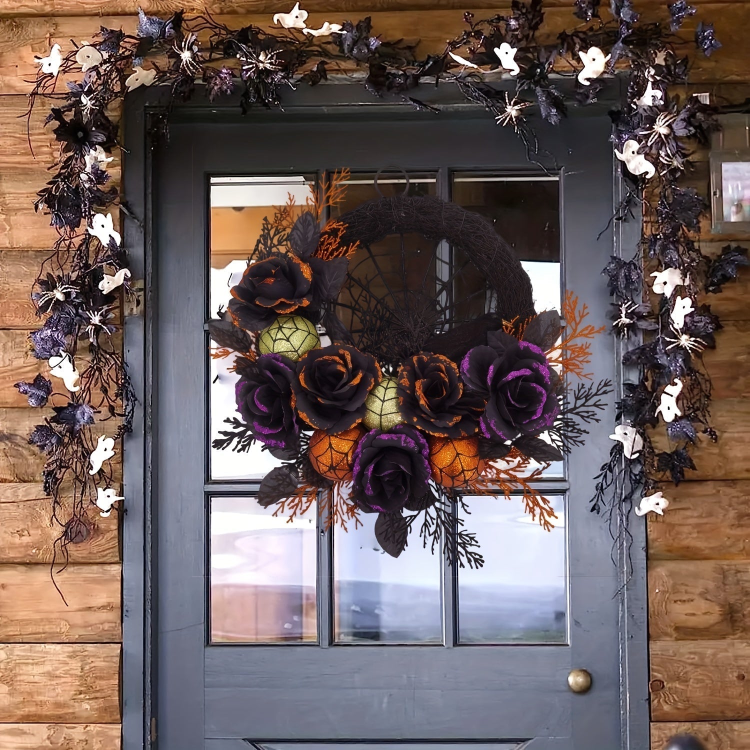 BowLift | Halloween Gothic Floral Wreath - Black Roses & Spiderweb Front Door Decor with Glitter Accents