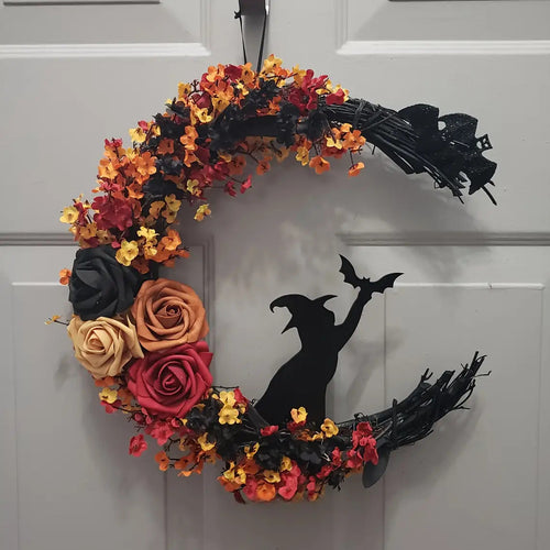 BowLift | Rustic Witch Wreath – Crescent Moon Halloween Floral Door Decoration