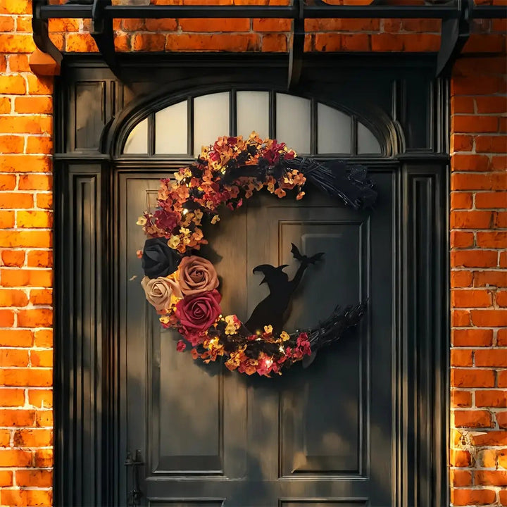 BowLift | Rustic Witch Wreath – Crescent Moon Halloween Floral Door Decoration