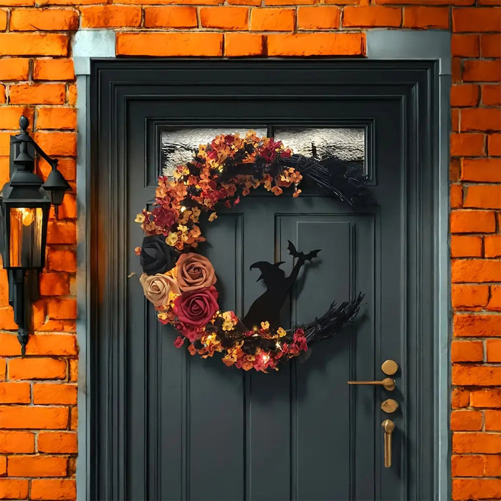BowLift | Rustic Witch Wreath – Crescent Moon Halloween Floral Door Decoration