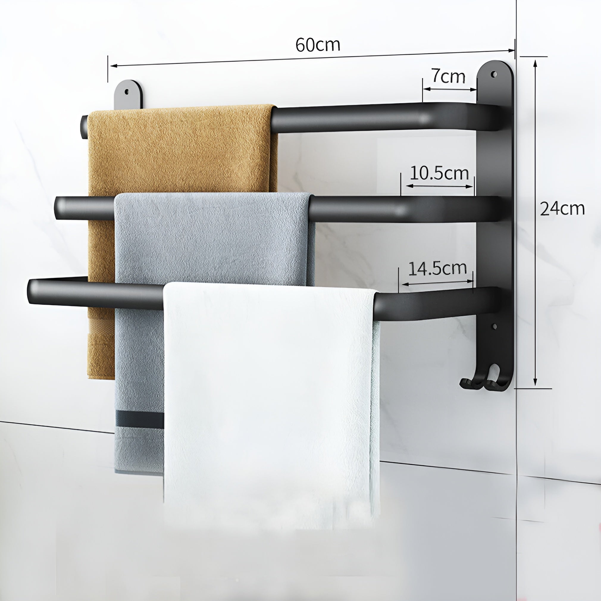 BowLift | HangEase 3-Layer Towel Holder – Black Wall-Mounted Aluminium Rack Without Drilling