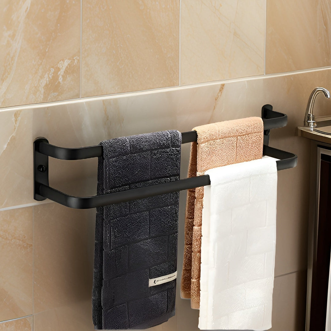 BowLift | HangEase 3-Layer Towel Holder – Black Wall-Mounted Aluminium Rack Without Drilling