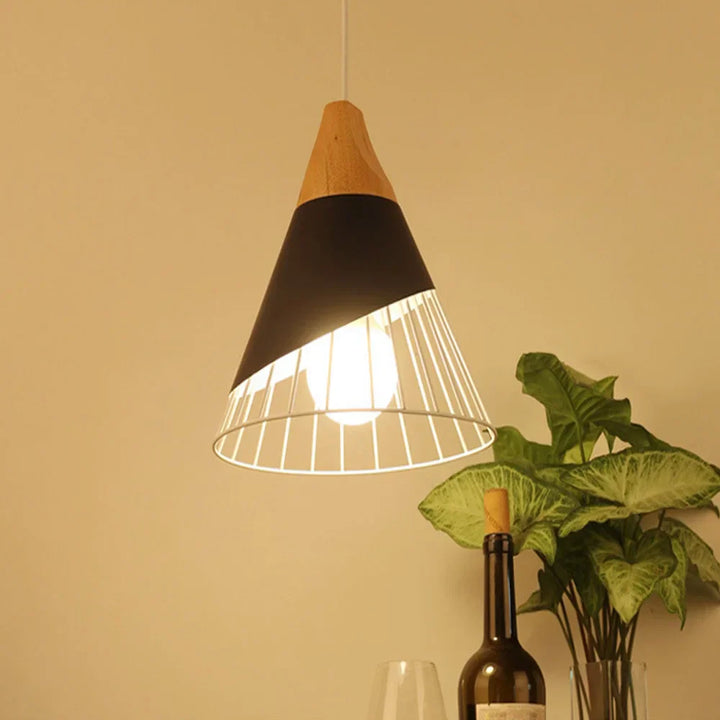Vintage pendant light with cable – Industrial hanging lamp made of metal and wood | Bowlift