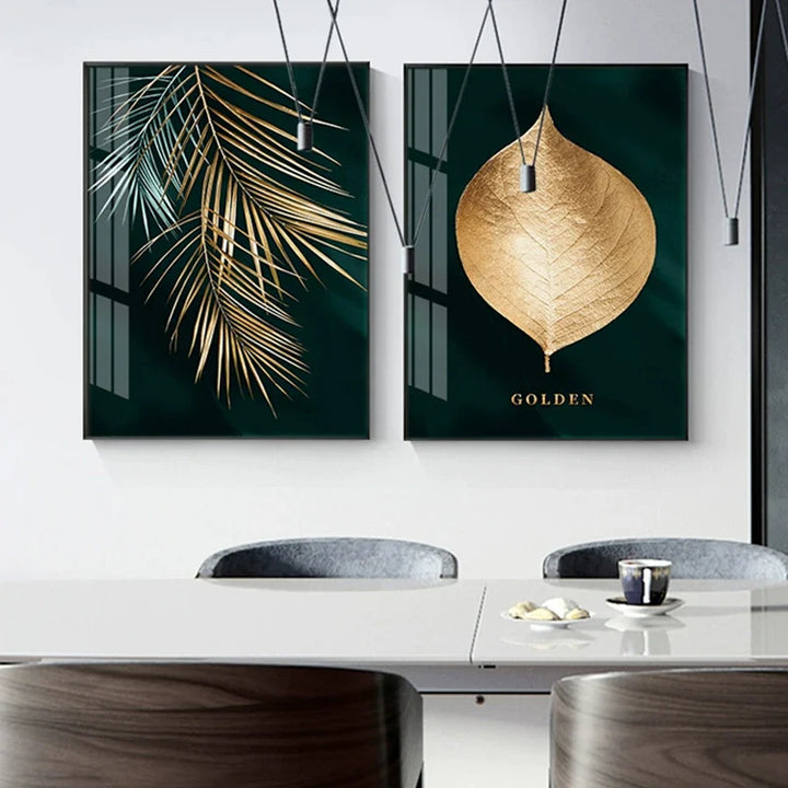 Set of 3Pcs Golden Leaf Wall Art Minimalist Nordic Tropical Plants Fine Art Canvas Prints Pictures For Living Room Dining Room Art Decor | Bowlift