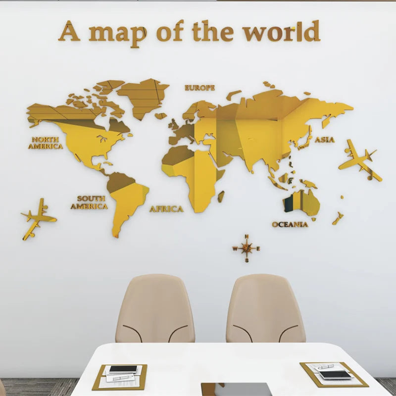 Map Of The World 3d Wall Mural Crystal Mirrored Acrylic World Map Wall Decal Sticker For Office Living Room Kid's Room Creative DIY Home Decor | Bowlift