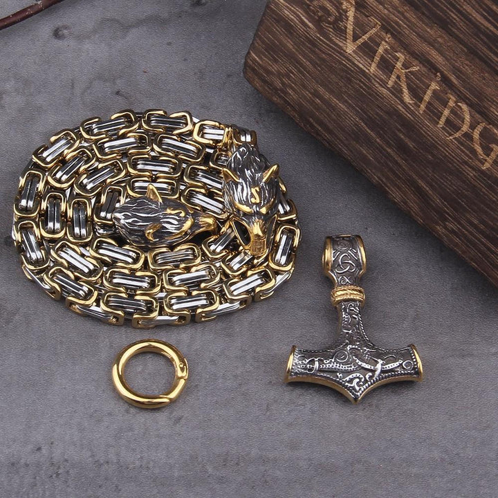 BowLift | 60–90 cm Stainless Steel Double Wolf Head & Mjolnir Survival Spirit Necklace/Bracelet