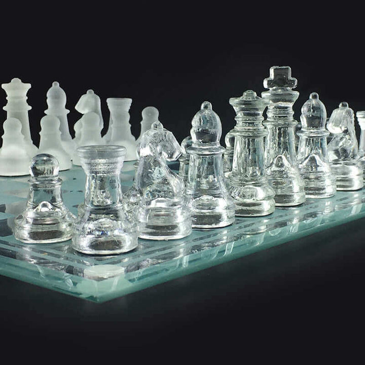 Glass Chess Set | Frosted Crystal Pieces with Chessboard