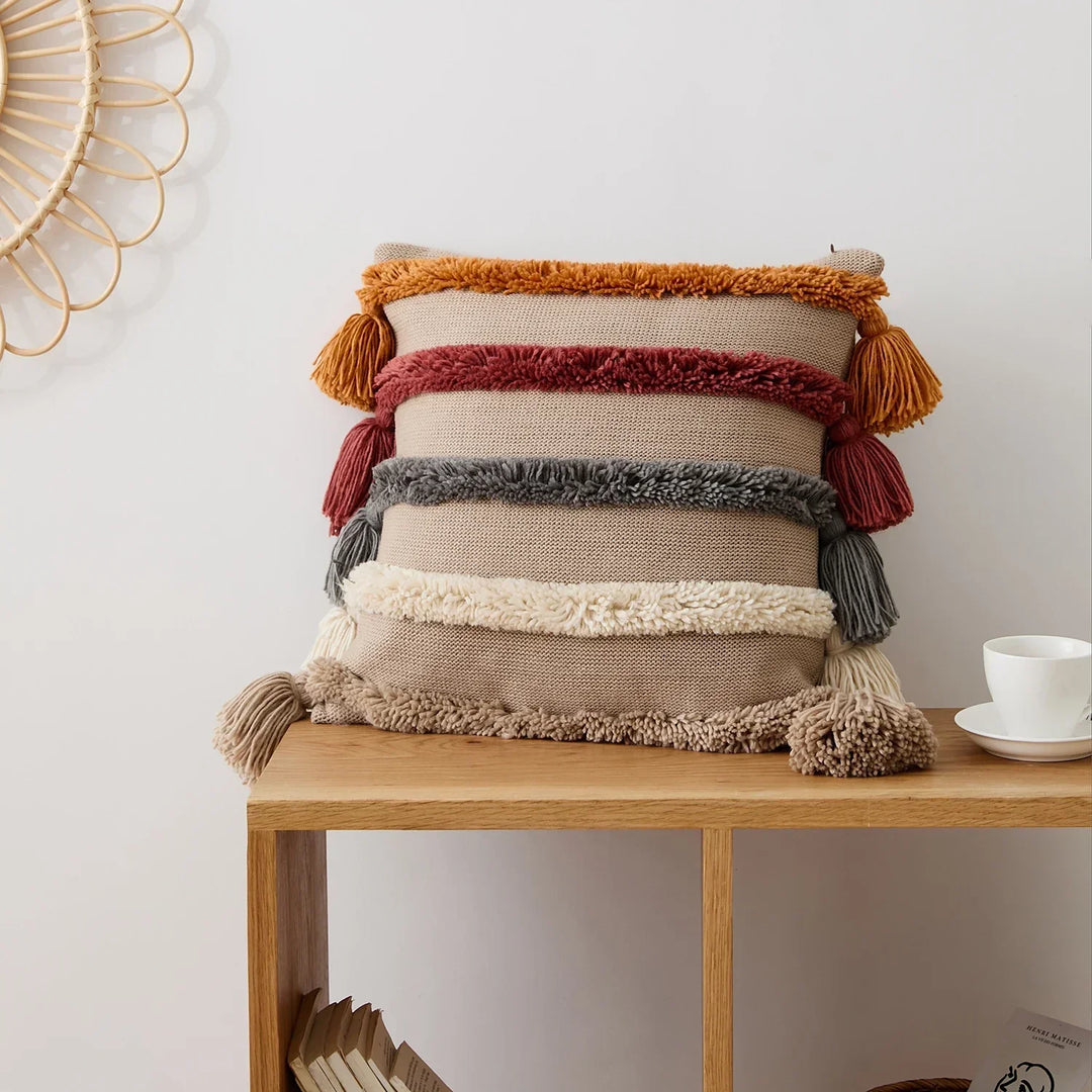 BowLift | Bohemian Velour Cushion Cover - Woven Cushion Cover with Colorful Stripes and Fringes