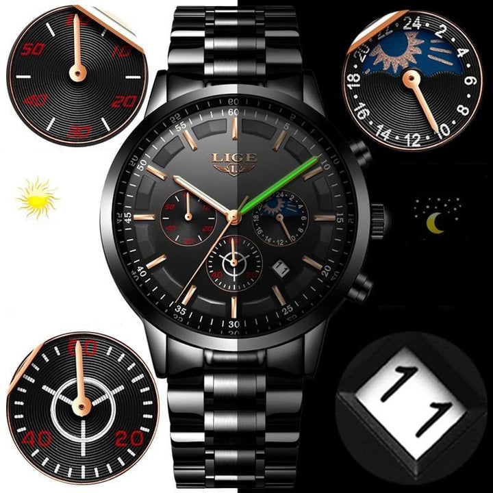 BowLift | Military Black Steel Watch – Elegant Stainless Steel Men’s Wristwatch with Waterproof Design