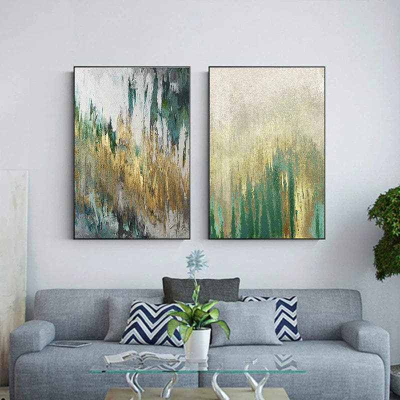 Green Beige Golden Abstract Wall Art Fine Art Canvas Prints Pictures For Modern Apartment Living Room Dining Room Art Decor | Bowlift