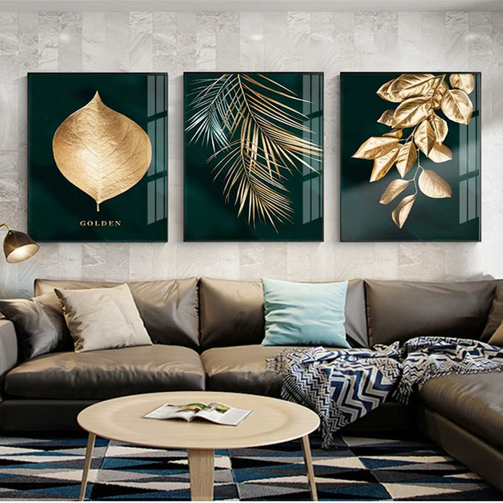 Set of 3Pcs Golden Leaf Wall Art Minimalist Nordic Tropical Plants Fine Art Canvas Prints Pictures For Living Room Dining Room Art Decor | Bowlift
