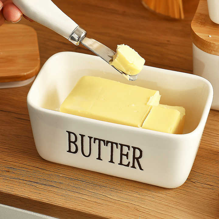 BowLift | Rectangular Ceramic Butter Dish Sealed Storage Container Western Cheese Jug Butter Glass for Storage for Restaurant 15x8.5 cm