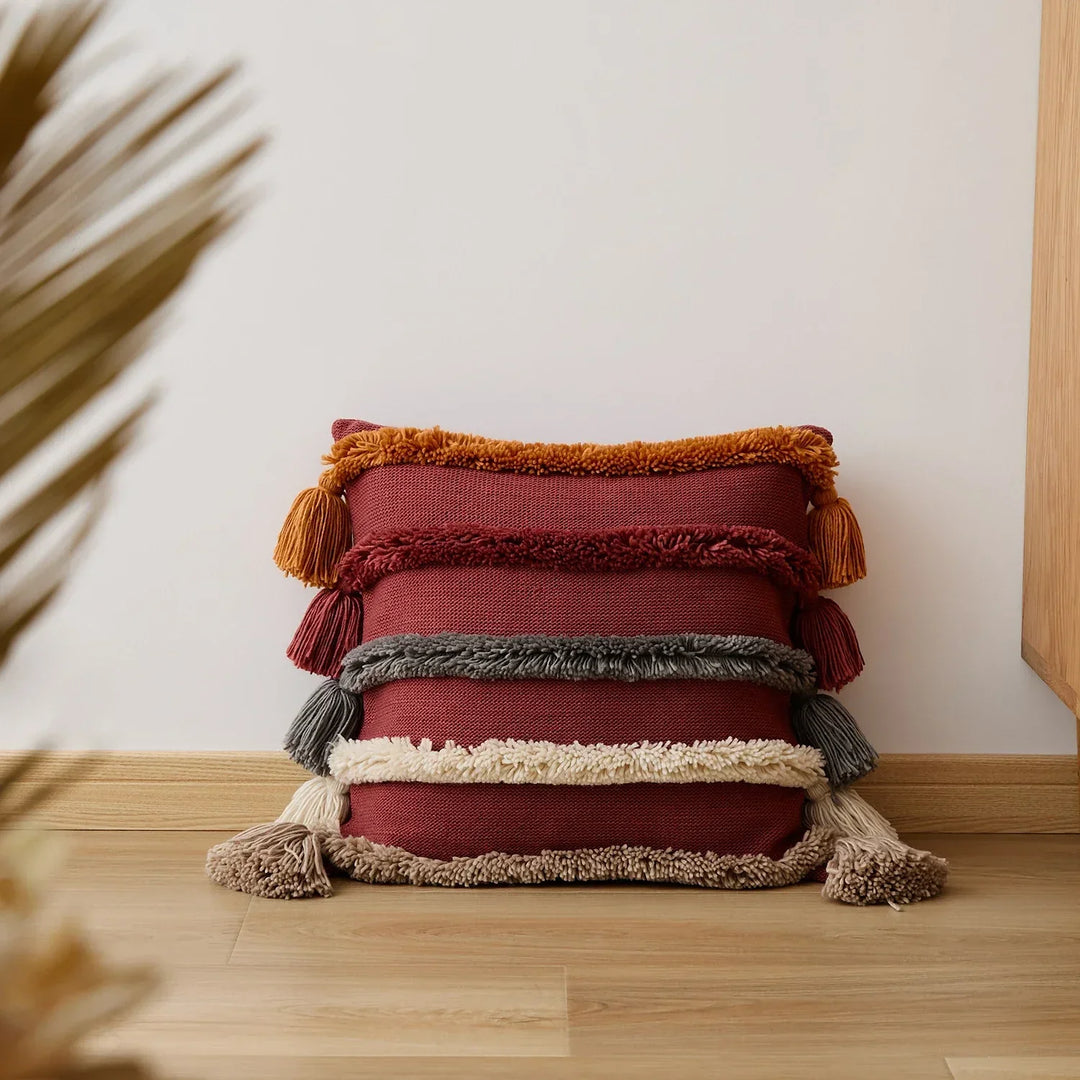 BowLift | Bohemian Velour Cushion Cover - Woven Cushion Cover with Colorful Stripes and Fringes