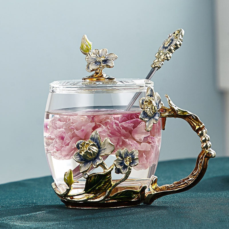 BowLift | Handcrafted enamel flower glass mug for couples love gift can serve coffee, flavored tea or even lemon juice in