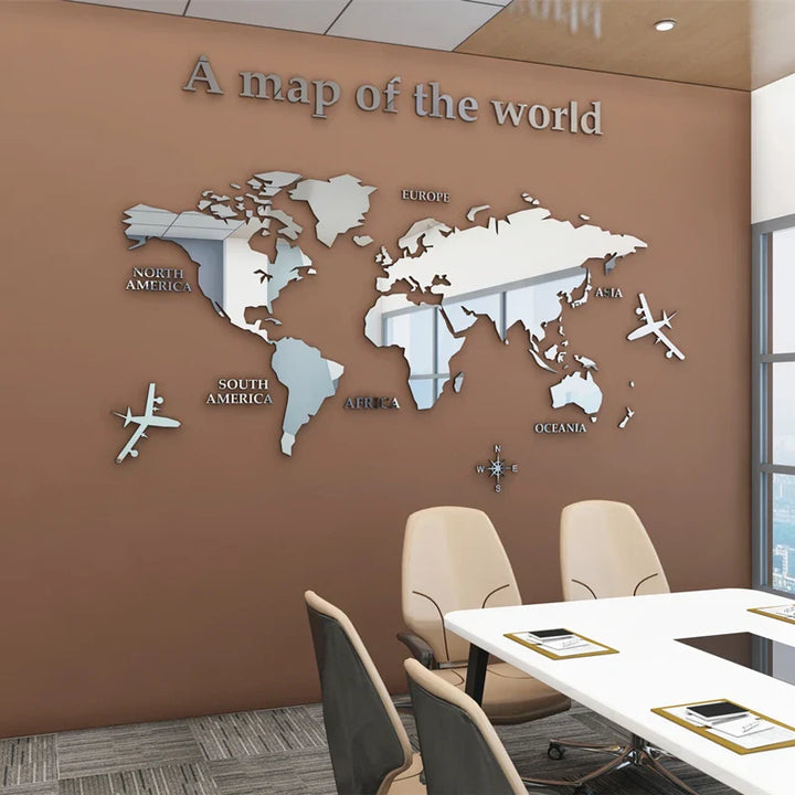 Map Of The World 3d Wall Mural Crystal Mirrored Acrylic World Map Wall Decal Sticker For Office Living Room Kid's Room Creative DIY Home Decor | Bowlift