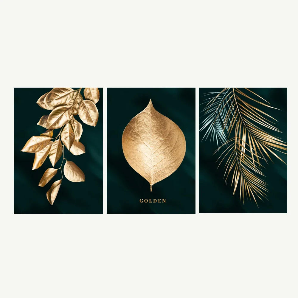 Set of 3Pcs Golden Leaf Wall Art Minimalist Nordic Tropical Plants Fine Art Canvas Prints Pictures For Living Room Dining Room Art Decor | Bowlift