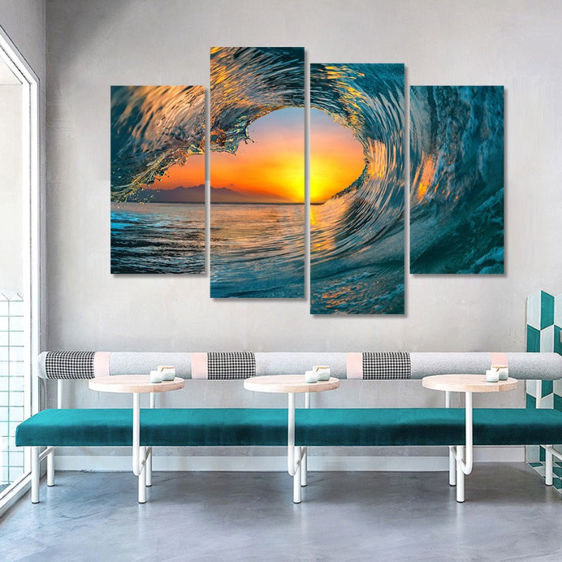 5 Piece Abstract Sunset Through Ocean Wave  - Canvas Wall Art Painting | Bowlift