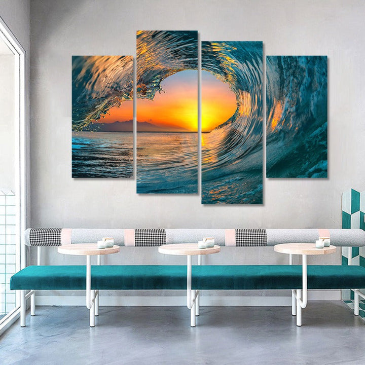 5 Piece Abstract Sunset Through Ocean Wave  - Canvas Wall Art Painting | Bowlift