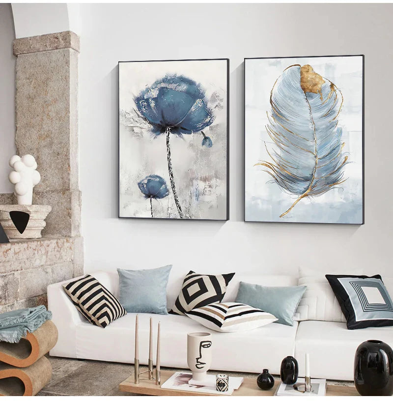 Simple Blue Floral Wall Art Fine Art Canvas Prints Modern Abstract Botanical Pictures For Living Room Bedroom Contemporary Home Decor | Bowlift