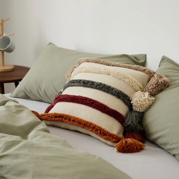 BowLift | Bohemian Velour Cushion Cover - Woven Cushion Cover with Colorful Stripes and Fringes