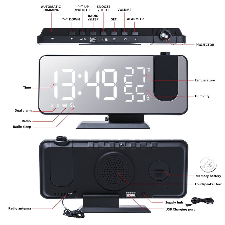 Astronatic™ Alarm Clock - LED Screen with 180° Projector Bowlift