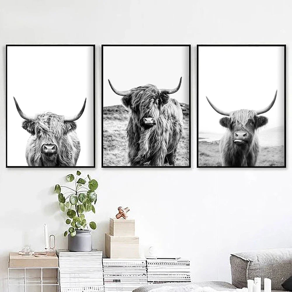 Highland Cattle Black White Minimalist Wall Art Fine Art Canvas Prints Posters Pictures For Living Room Dining Room Nordic Home Decor | Bowlift