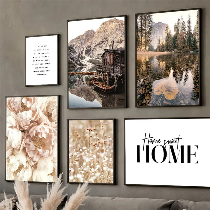 Home Sweet Home Rustic Woodland Forest Lake Landscape Gallery Wall Art Fine Art Canvas Prints Pictures Of Calm For Living Room Decor | Bowlift