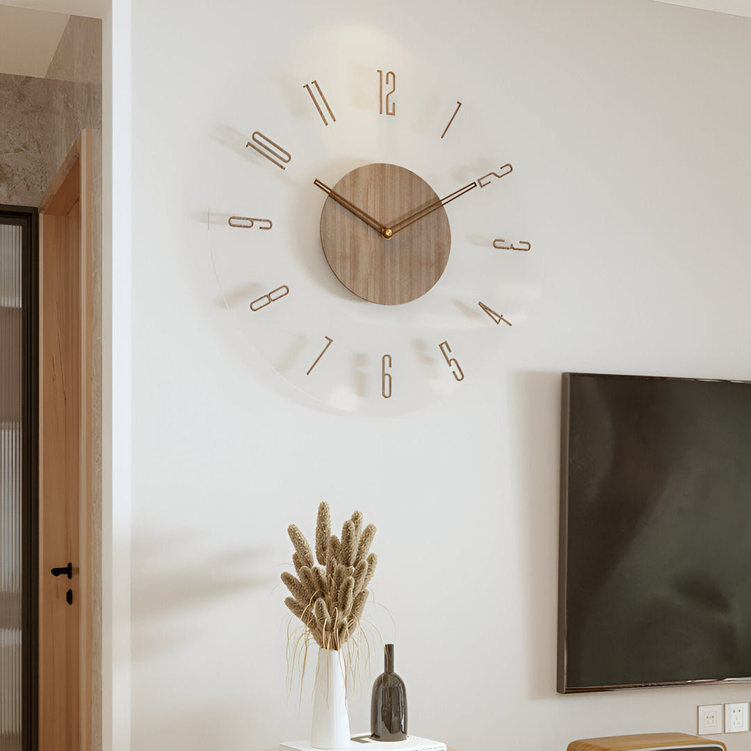 ClearWood Transparent Wall Clock – Silent Quartz with Wood Details | Bowlift