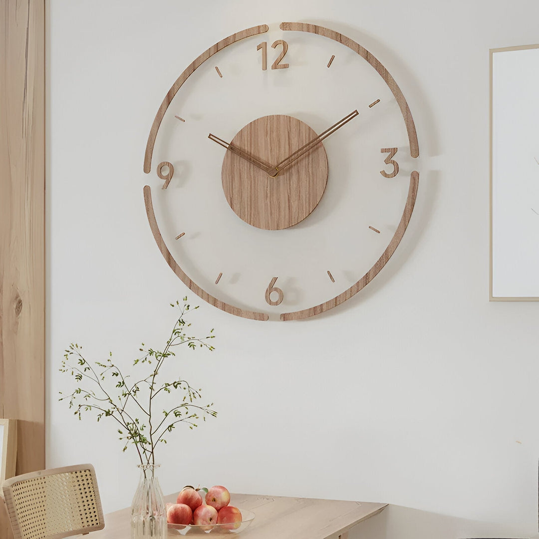 ClearWood Transparent Wall Clock – Silent Quartz with Wood Details | Bowlift