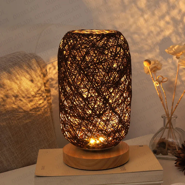 BowLift | HolzLuma LED Table Lamp | Handmade from Wood & Rope | Warm White Light | For Bedroom & Living Room