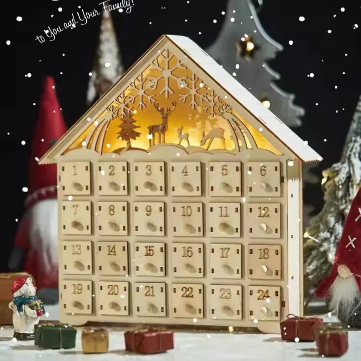 BowLift | Wooden Advent Calendar with 24 Storage Drawers – Refillable DIY Christmas Countdown with Lighting, 30 x 6.3 x 39 cm