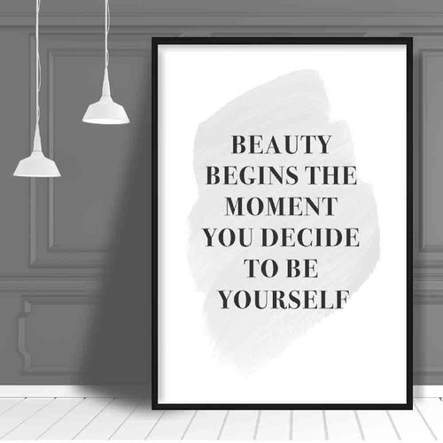 Beauty Begins Quote Typography Print in Gray | Bowlift