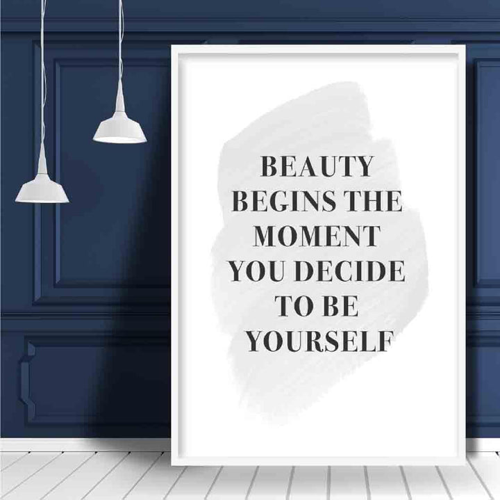 Beauty Begins Quote Typography Print in Gray | Bowlift
