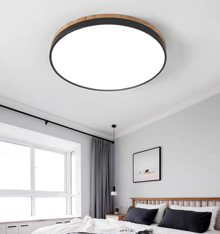 BowLift | Wooden Round Shape Flush Ceiling Light | LED. Solid Wood & Iron for Living Room. Dining Room & Hallway