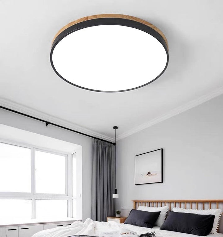 BowLift | Wooden Round Shape Flush Ceiling Light | LED. Solid Wood & Iron for Living Room. Dining Room & Hallway